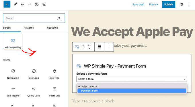 게시물 또는 페이지에 WP Simple Pay 블록 추가