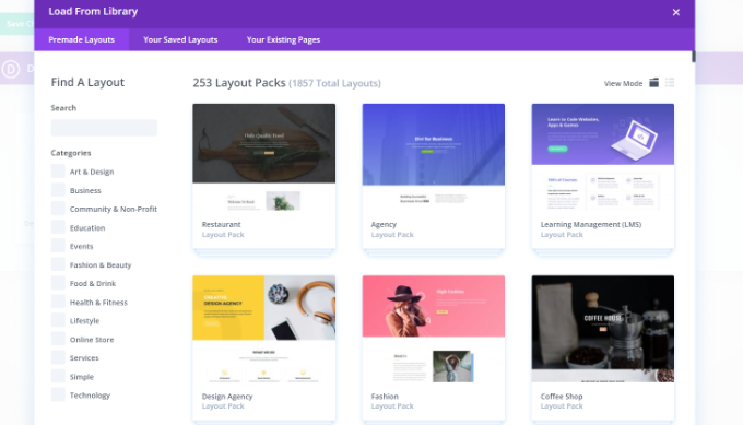 Divi templates and layout packs
