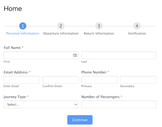 A booking form, created using Formidable Forms.