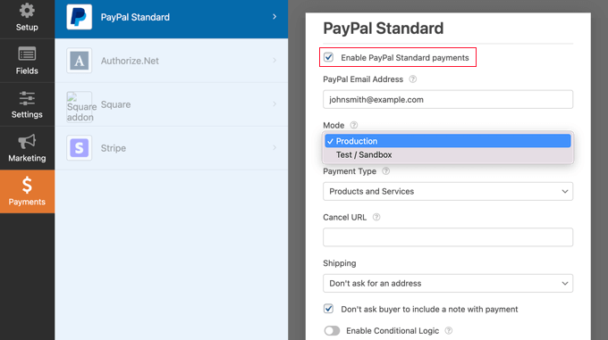 PayPal 표준 결제 활성화 확인란을 선택합니다.
