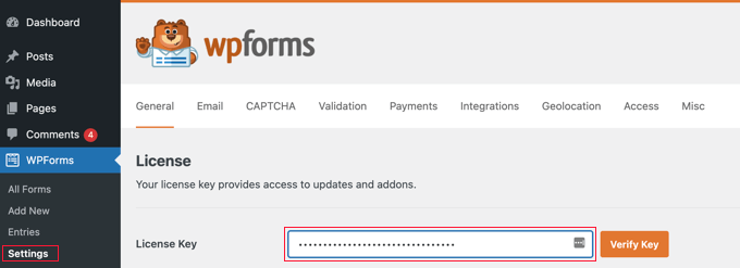 Введите свой лицензионный ключ WPForms