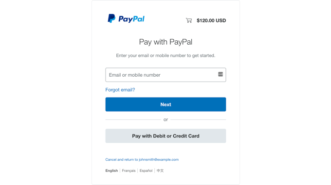 使用 PayPal 屏幕付款