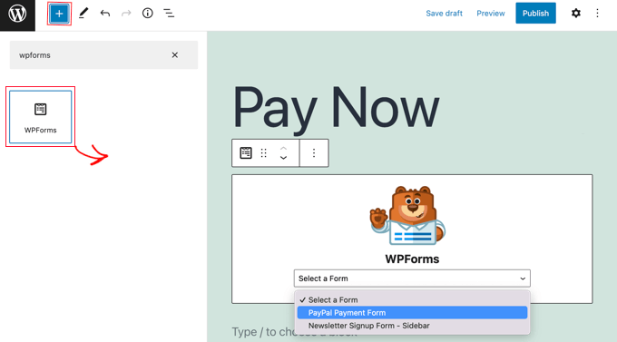 将 WPForms 块添加到您的帖子或页面