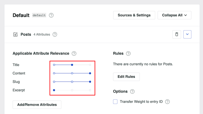 SearchWP's attribute relevance settings