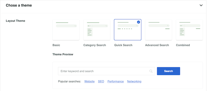 The quick search SearchWP theme and settings