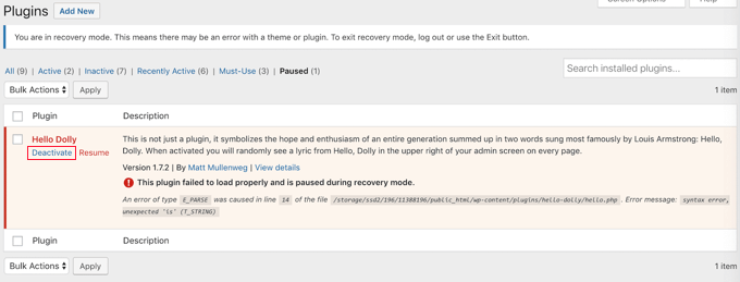 Using Recovery Mode to Deactivate a Plugin