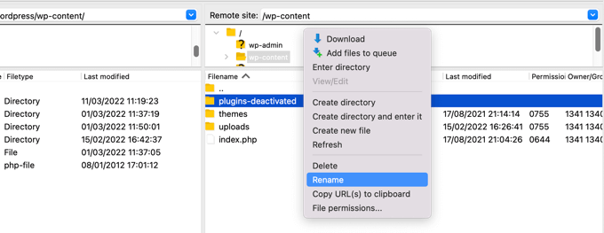 Using FTP to Rename the Plugins Folder