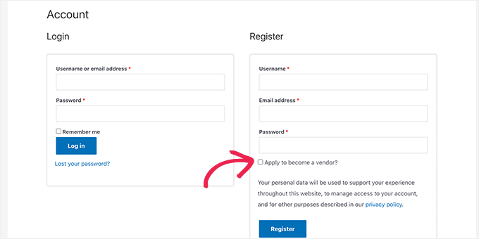 Vendor registration page