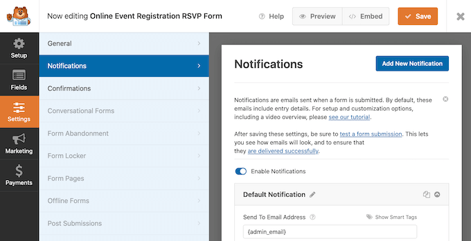 WPForms 이메일 및 알림 설정 사용자 지정.