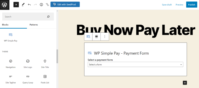 添加 WP Simple Pay 区块