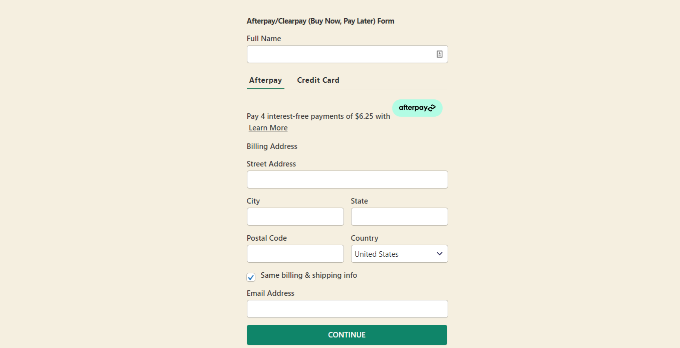 Afterpay payment form preview
