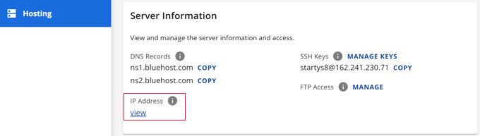 Server Information Section on Bluehost's Hosting Page