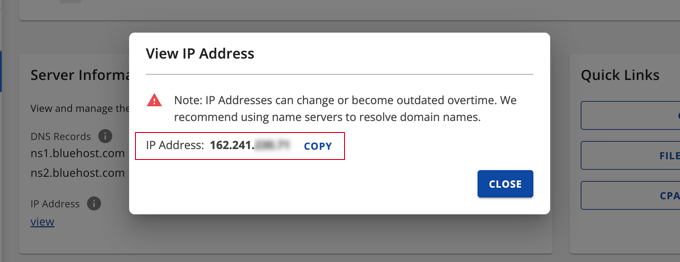 View and Copy Your Website's IP Address in Bluehost