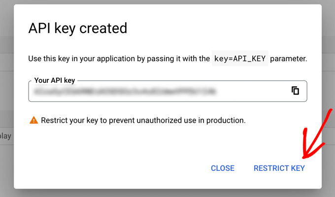 您的 API 密钥将被创建并显示在弹出窗口上