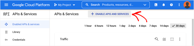 Kliknij przycisk „Włącz interfejsy API i usługi” Kliknij przycisk „Włącz interfejsy API i usługi”