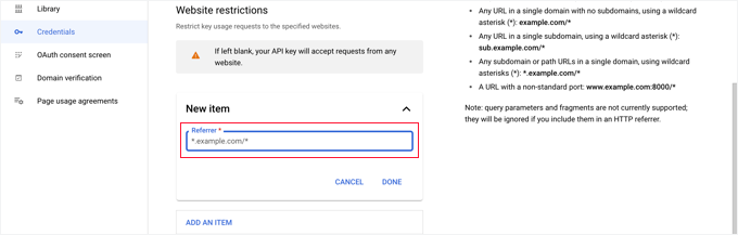 Wpisz domenę swojej witryny w polu „Nowy element”, używając wzorca *example.com/* Wpisz domenę swojej witryny w polu „Nowy element”, używając wzorca *example.com/*