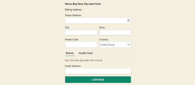 klarna payment form preview