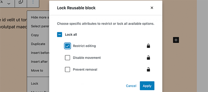 WordPress'te yeniden kullanılabilir bloklar için seçenekleri kilitleyin