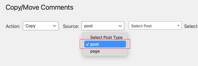 Choosing a source page or post