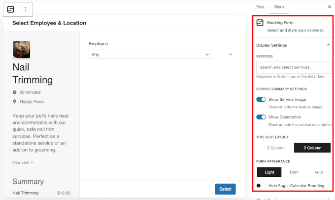 Configuring the Booking Form block's settings Configuring the Booking Form block's settings