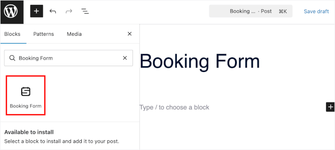 Adding the Booking Form block Adding the Booking Form block