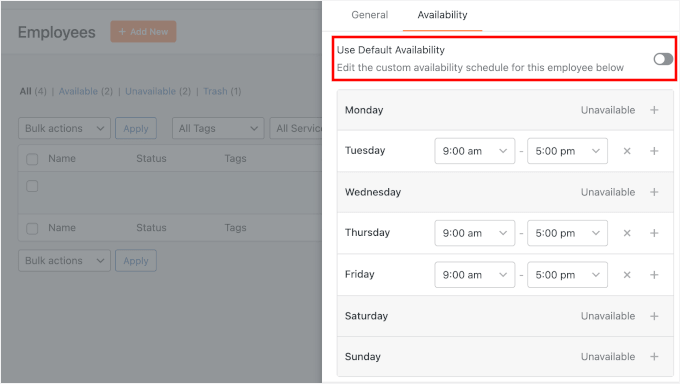 Configuring employee's availability Configuring employee's availability