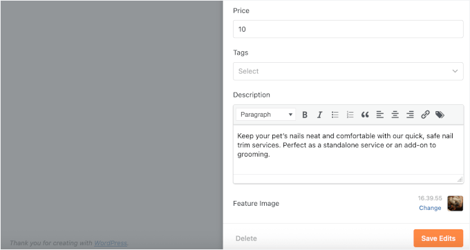 Completing details for a service Completing details for a service