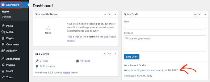 The WordPress Quick Draft box