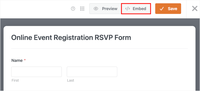 Clicking the Embed button in WPForms Clicking the Embed button in WPForms