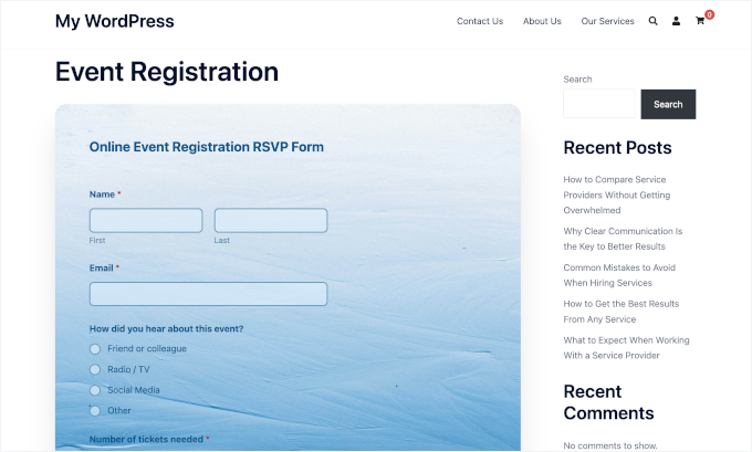 Booking form live on a WordPress site Booking form live on a WordPress site