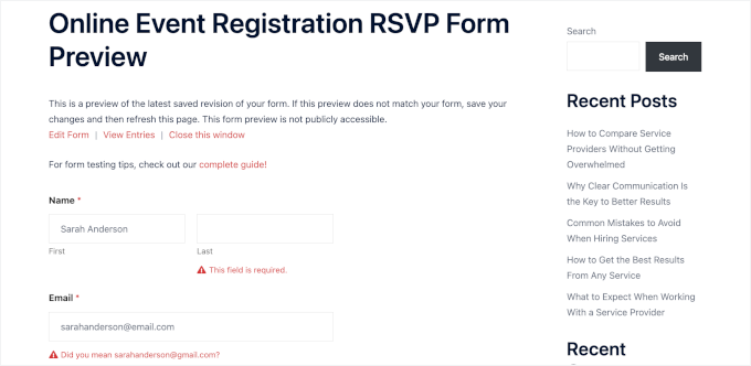 Testing the RSVP form Testing the RSVP form