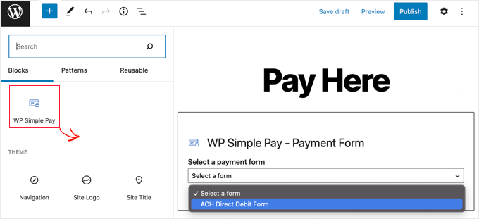 Add WP Simple Pay Block