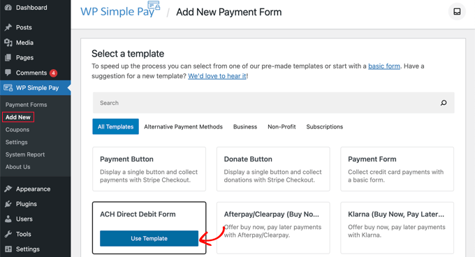 Select the ACH Direct Debit Form Template