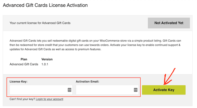 Activating the Advanced Gift Cards for WooCommerce plugin