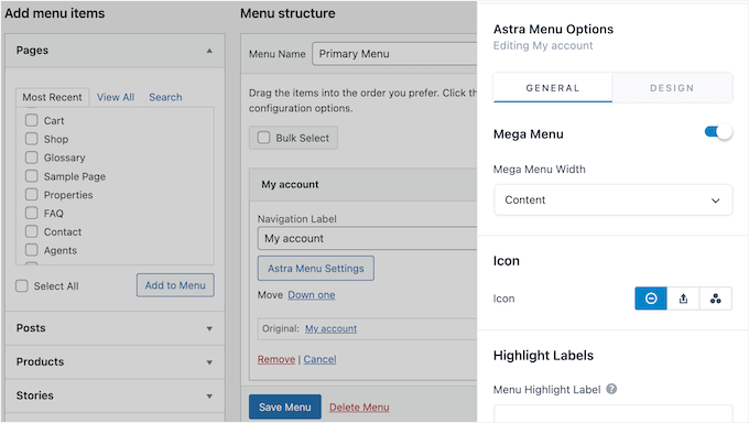 Impostazioni del mega menu di Astra Impostazioni del mega menu di Astra