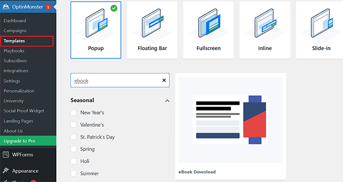 Choose a template in OptinMonster for file downloads