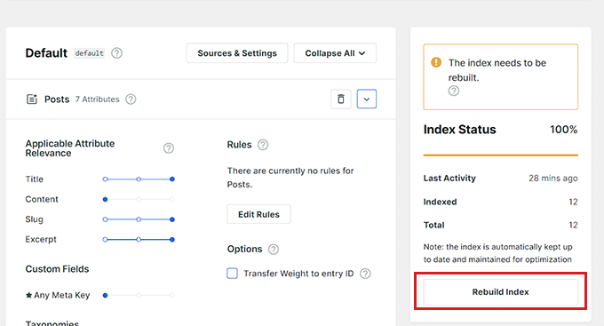 Click the Rebuild Index button