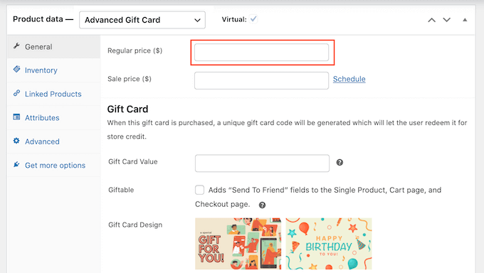 WooCommerce 기프트 카드 가격 설정