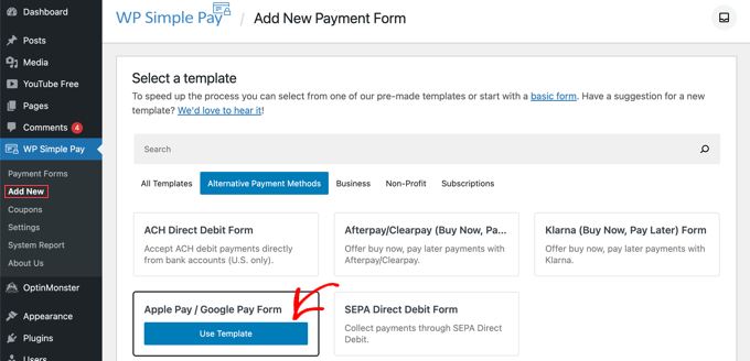 Select the Apple Pay / Google Pay Template