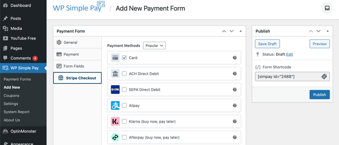 Select additional payment methods and edit payment form