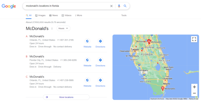 Google 上的多个位置地图预览