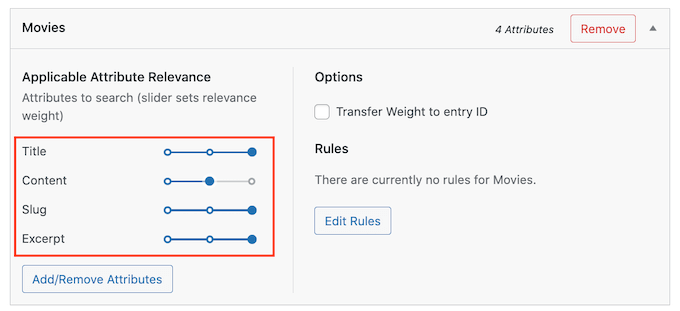 SearchWP's attribute weight settings