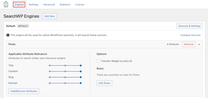 The SearchWP search engine settings