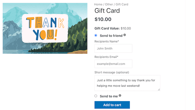 使用 WooCommerce 高级礼品卡创建的礼品卡