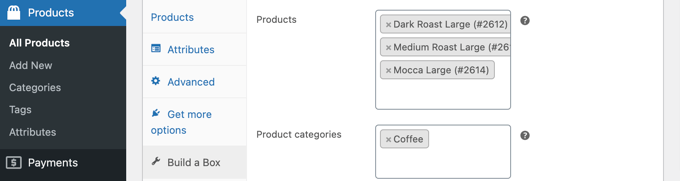 选择可以添加到框中的产品或产品类别