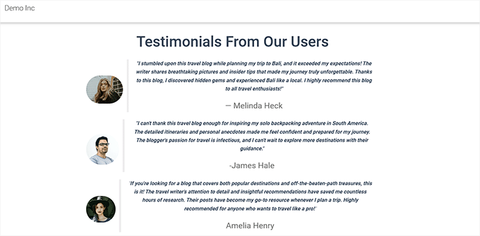 Testimonials block preview