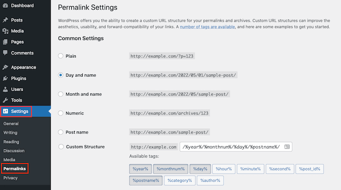 WordPress' permalink settings