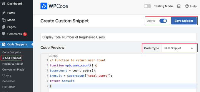 WPCode Snippet to Display the Number of Registered Users