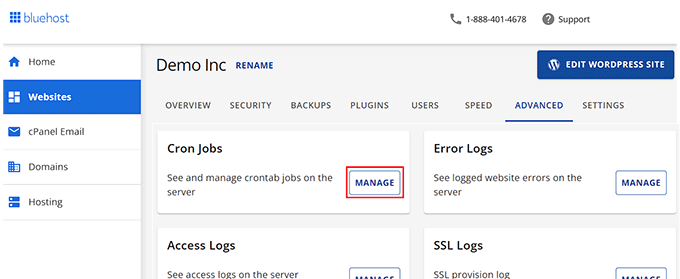 Click the Manage button in the Cron Jobs section