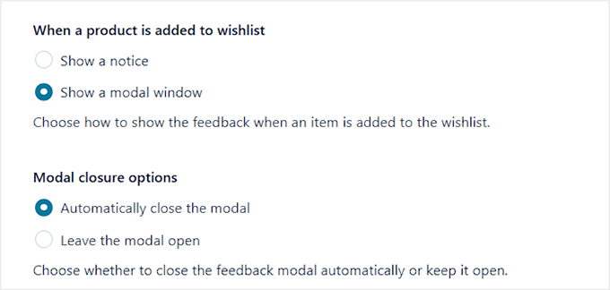 Configure wishlist modal settings in YITH WooCommerce Wishlist